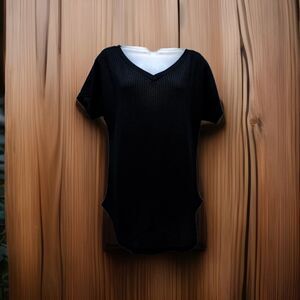 NEW Women's Black Waffle Fabric Small Blouse Light Sheer by LUCKYMORE